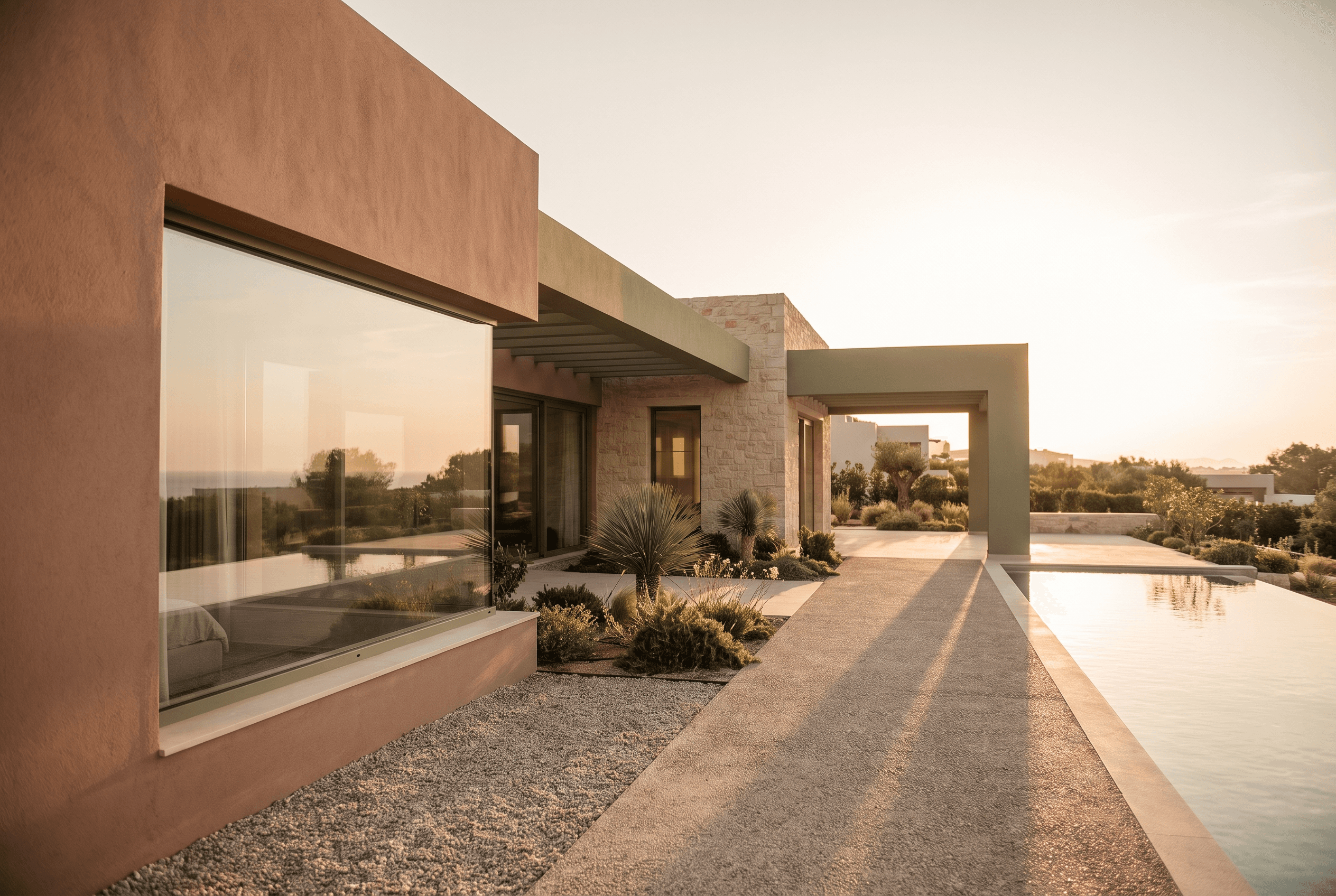 واجهة معمارية دافئة لفيلا سكنية عصرية عند الغروب